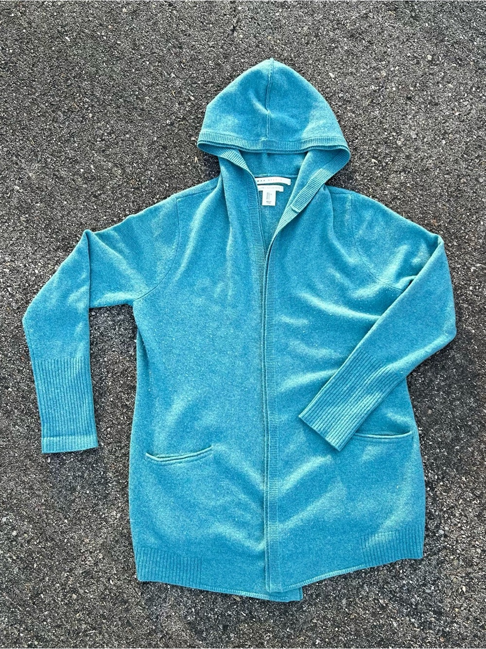 Max Studio Hooded Cardigan 100% 2 Ply Cashmere Teal Blue women’s Large